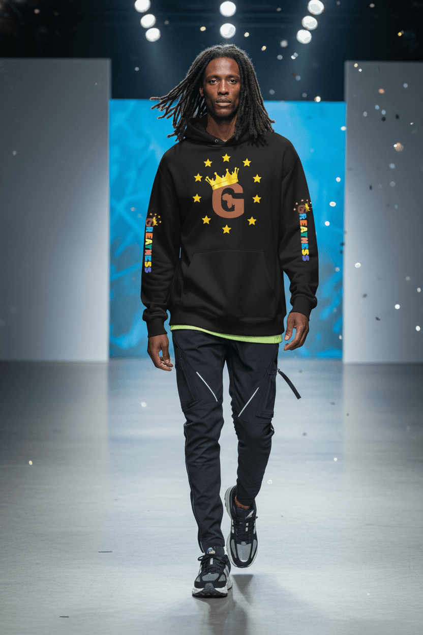 Man with dreadlocks walks a runway in a black graphic hoodie and cargo pants.