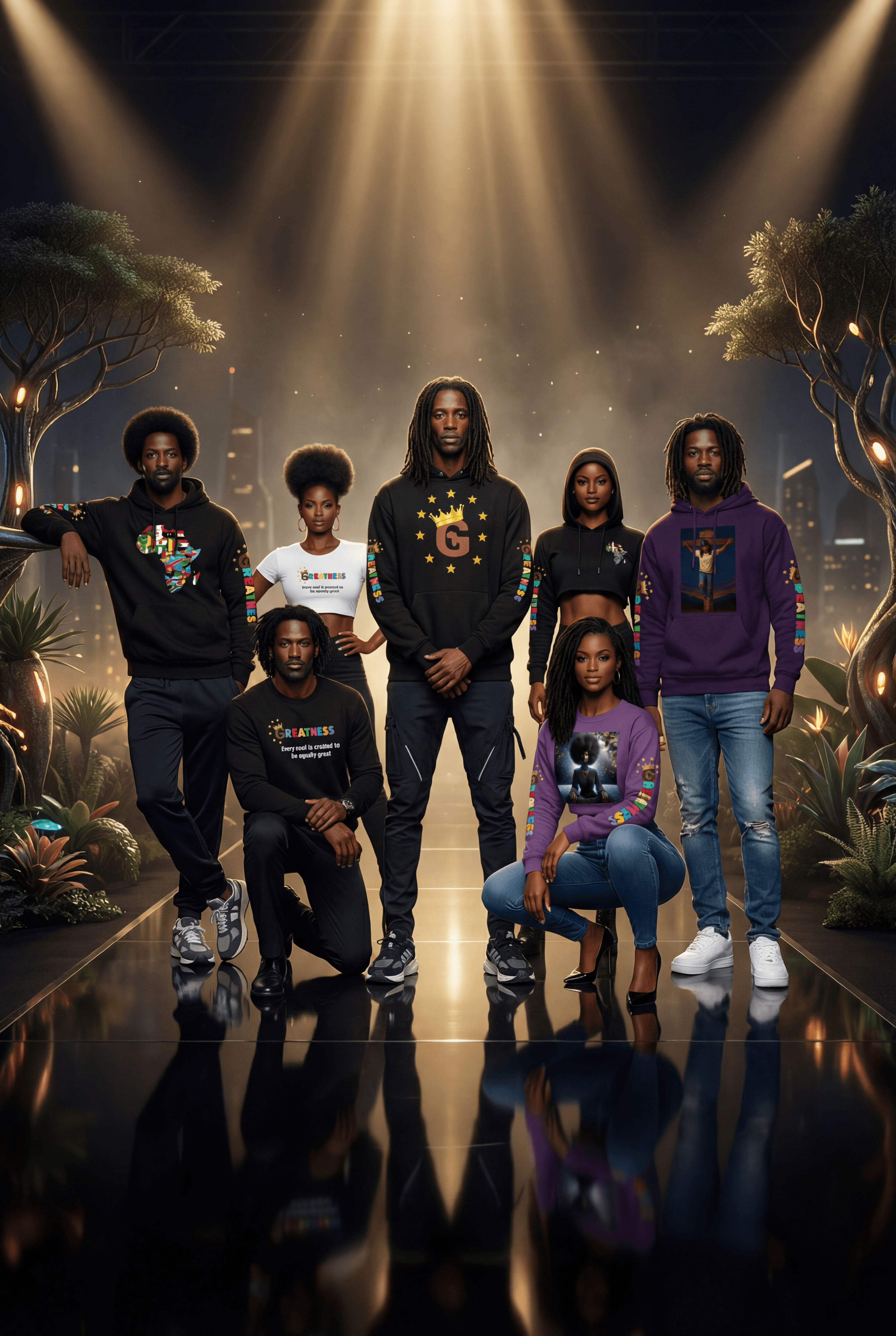 Seven Black models pose in stylish streetwear on a futuristic stage under a dramatic spotlight.